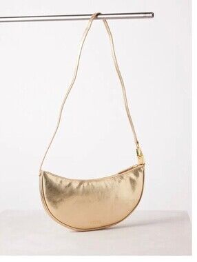 Staud Walker Metallic Leather Half Moon Shoulder Bag Purse Gold Evening Holiday